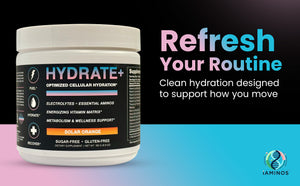 Hydrate+ supplement container with promotional text on a colorful background