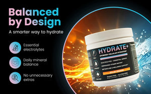 Hydrate+ supplement container with product features on a dynamic background