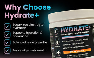 Hydrate+ supplement container with features listed on a dark background