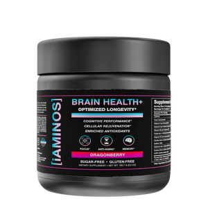Supplement container labeled 'iaminos' for brain health on a white background