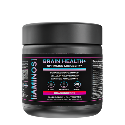 Supplement container labeled 'iaminos' for brain health on a white background