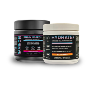 Two supplement containers on a plain white background: a black tub labeled iAMINOS Brain Health+ and a white tub labeled Hydrate+ Optimized Cellular Hydration.
