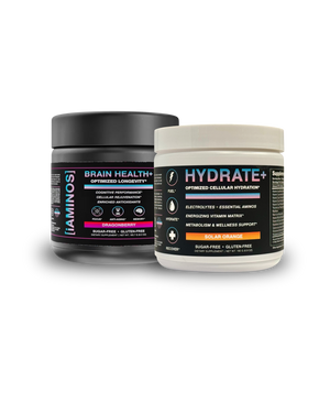 Two supplement containers on a plain white background: a black tub labeled iAMINOS Brain Health+ and a white tub labeled Hydrate+ Optimized Cellular Hydration.