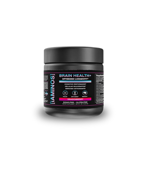 A black supplement jar labeled 'iAMINOS Brain Health+' with a black lid, shown on a white background with a soft shadow.