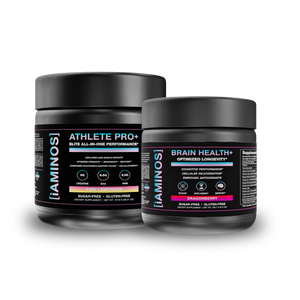 Two black supplement tubs from the brand iAMINOS on a plain white background. The tub on the left is labeled 'Athlete Pro+' and the tub on the right is labeled 'Brain Health+'.