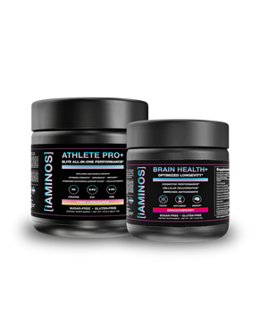 Two black supplement tubs from the brand iAMINOS on a plain white background. The tub on the left is labeled 'Athlete Pro+' and the tub on the right is labeled 'Brain Health+'.